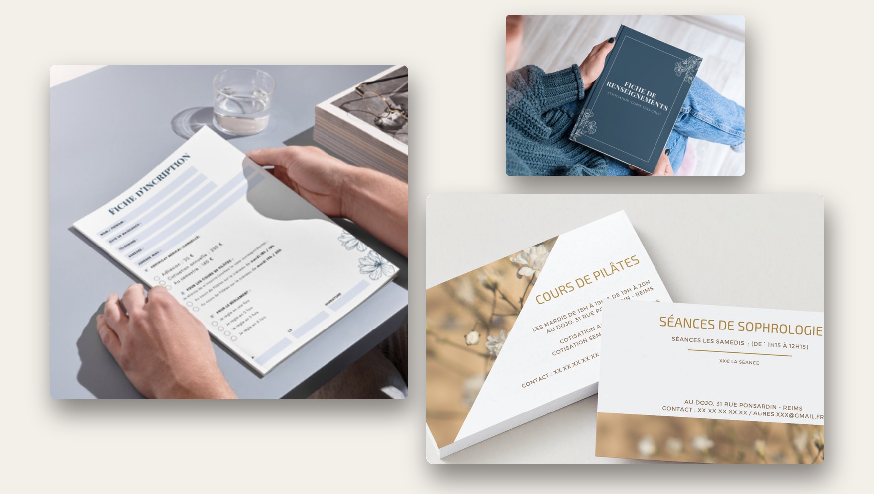 Fiche d'inscription, cartes de visite et livret créés pour des supports print